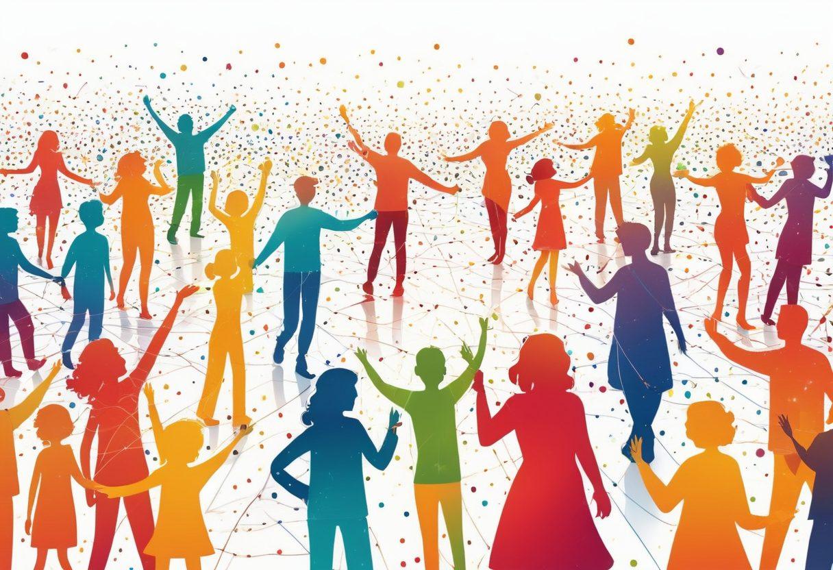 A vibrant illustration of colorful dots connected by lines, symbolizing relationships and joyful connections. In the background, there are silhouettes of diverse people engaging in activities, like sharing laughs and ideas, representing a community. The overall atmosphere should feel warm and inviting, radiating positivity and joy. super-realistic. vibrant colors. white background.