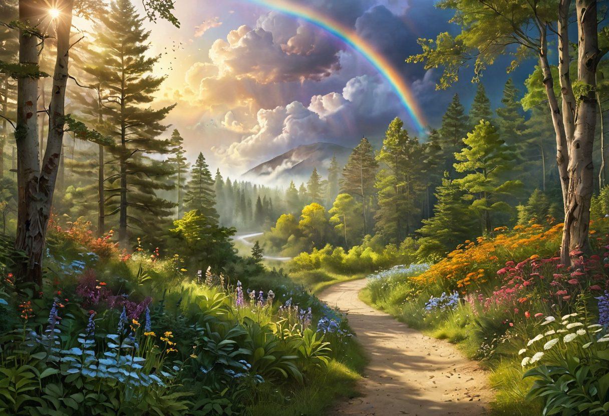 A serene landscape featuring a sunlit path winding through a lush forest, where people of diverse backgrounds are joyfully interacting, sharing laughter and warmth. Glowing light particles hover in the air symbolizing happiness and positivity, while a radiant rainbow arcs across the sky. Elements like blooming flowers, gentle streams, and soft clouds enrich the scene, evoking a sense of peace and joy. vibrant colors. super-realistic.