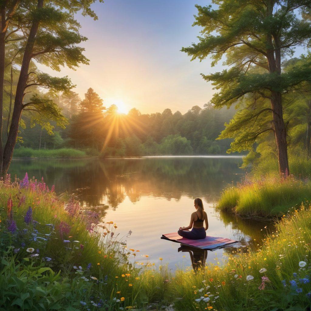 A serene landscape featuring a peaceful sunrise over a calm lake, surrounded by lush greenery and vibrant wildflowers. In the foreground, a meditative figure practices yoga, embodying tranquility and bliss. Soft rays of light filter through the trees, creating a warm and inviting atmosphere. The scene conveys harmony, balance, and well-being. super-realistic. vibrant colors. nature-inspired.